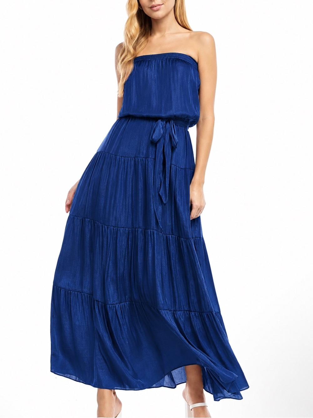 Naked Zebra Isabela Navy Blue Satin Tiered Strapless Maxi Dress With Belt Size M